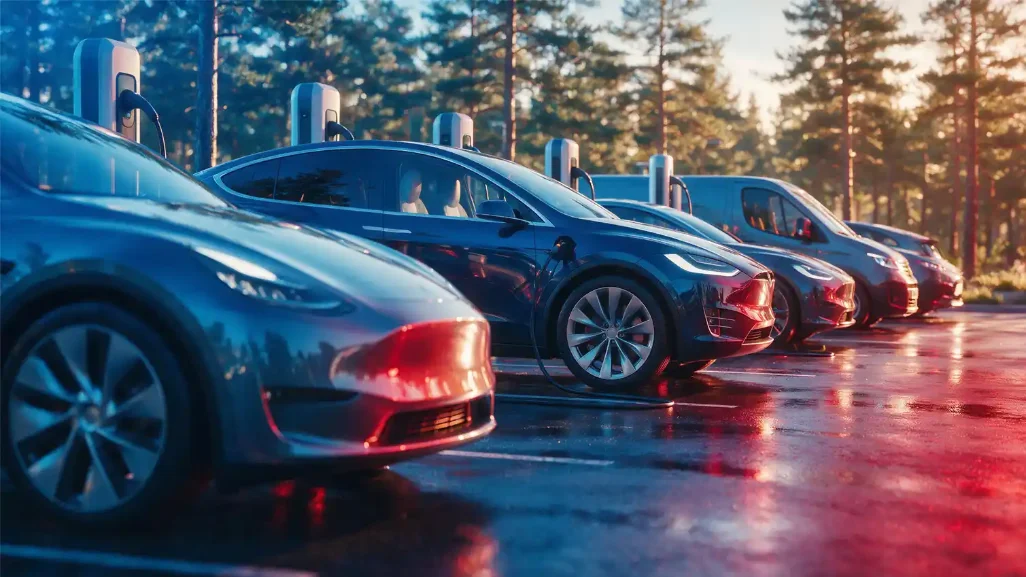 Electric cars charging in a row at a charging station