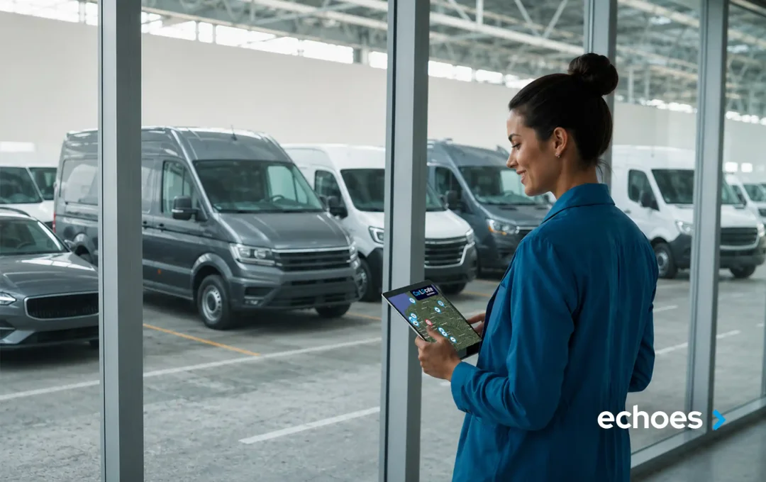 An Echoes user checks fleet data on a tablet in front of parked vans