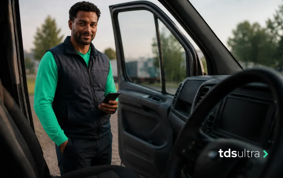 A TDS Ultra driver with his phone beside his van